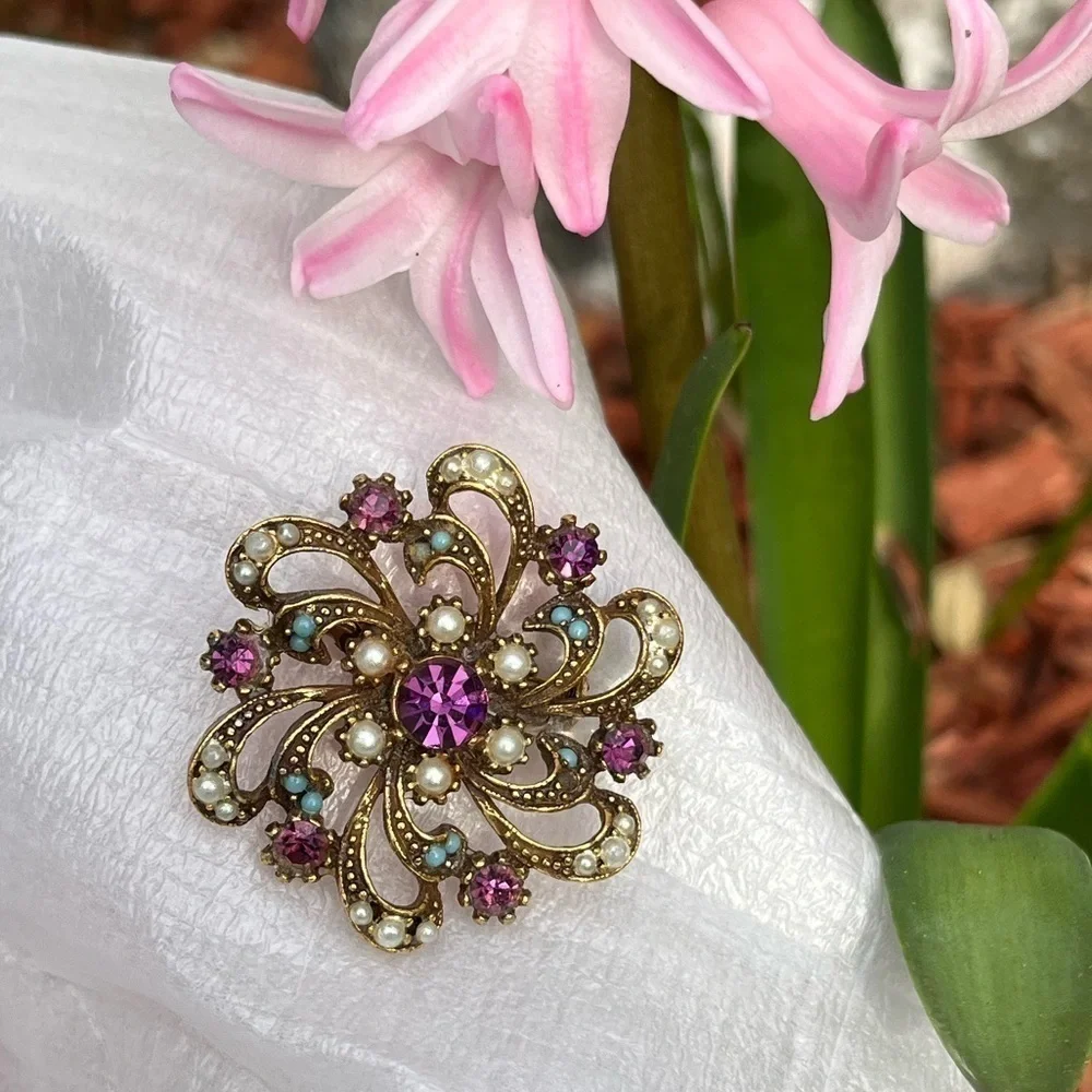Vintage Purple Rhinestone Brooch Pin with Blue and Pearl Accents